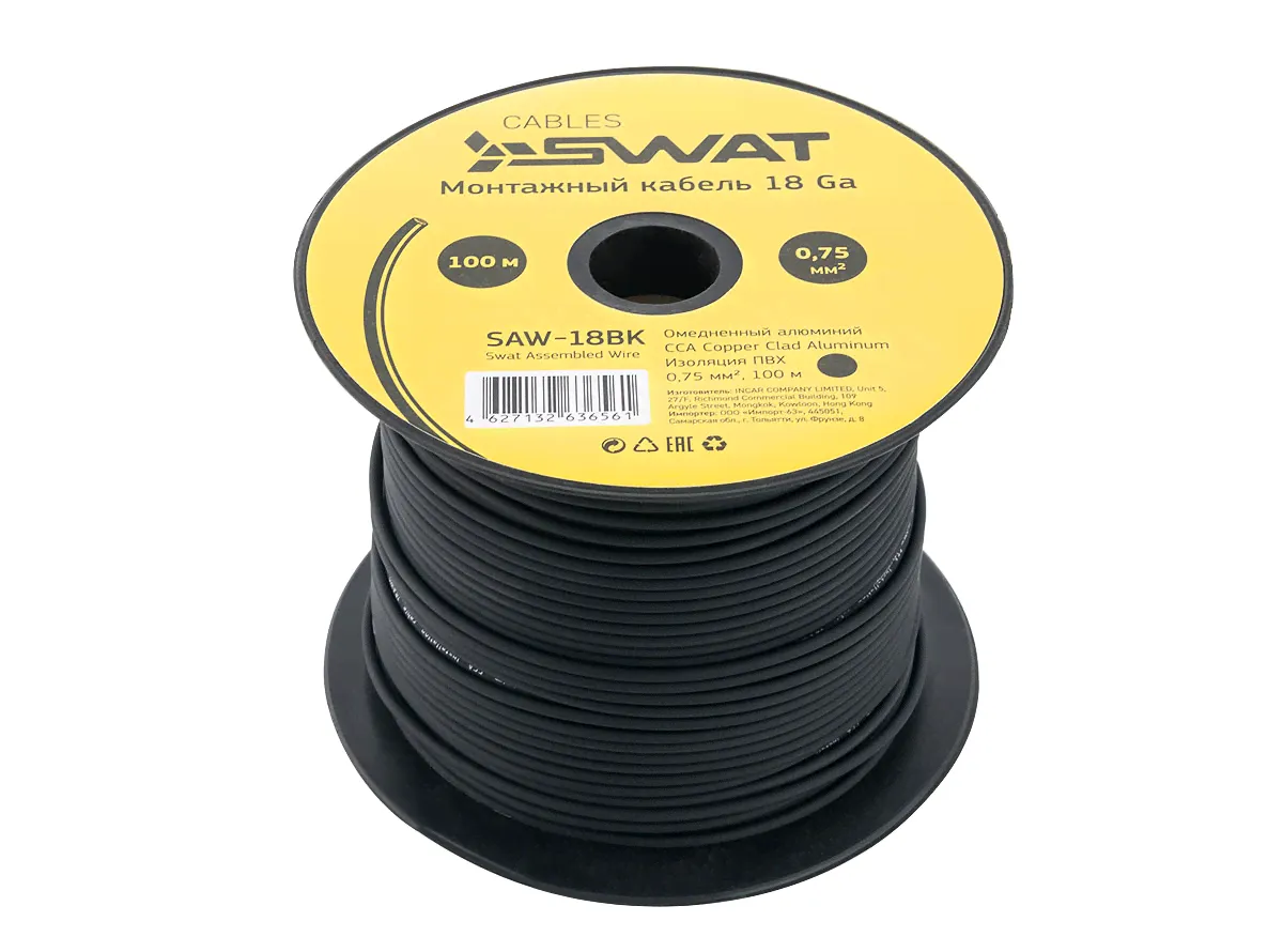 SWAT SAW-18BK монтажный кабель 18Ga, 0,75мм2 черный, ССА,100м, компактная катушка